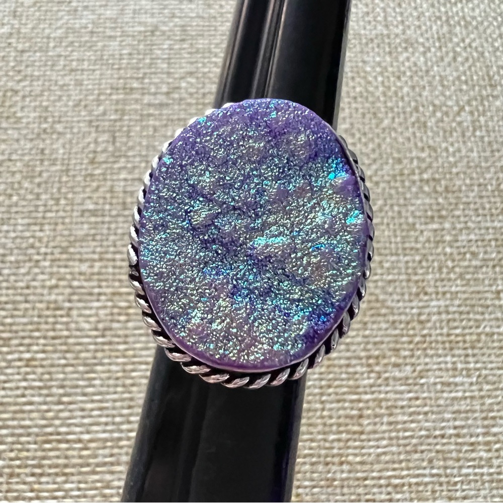 Titanium Druzy Stone Silver Overlay Ring Size 5.75
